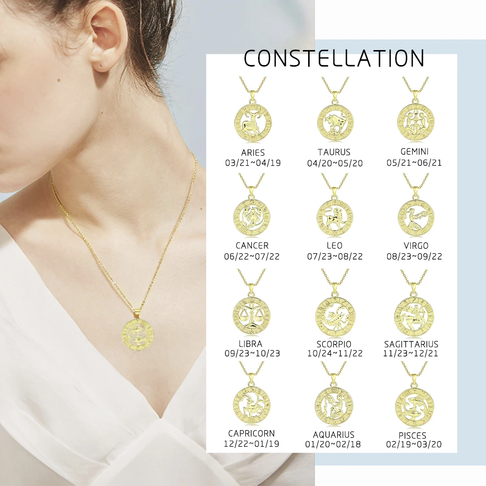 12 Constellations Necklace For Women Horoscope Zodiac Sign Aries Leo Gold Color Pendant Choker Chain Friend Gift Jewelry N534