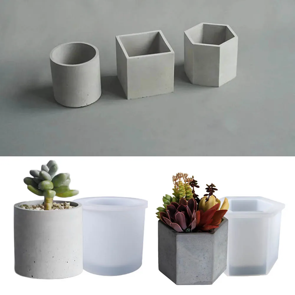 Round Square Flower Pot Silicone Mold Resin Pen Holders Gypsum Candle Cup Concrete Planters, Hexagon Terrazzo Pot Plaster Molds