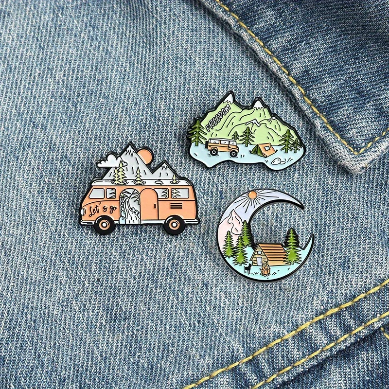 1 Tourist Car, Mountain Peak Brooch, Simple River, Pine Tree Hut, Painted Alloy Brooch Badge