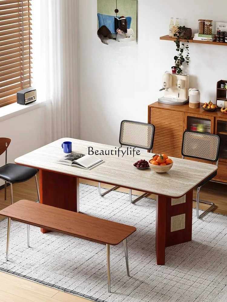 

Solid wood restaurant small apartment modern simple medieval style wabi sabi rectangular rock slab dining table