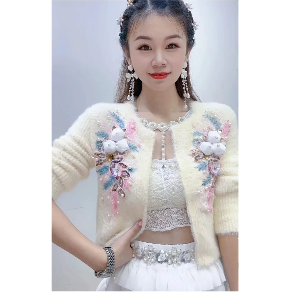 Chic Diamonds Beaded 3D Lily Flowers Embroidery Mink Fur Sweater Coat Zipper Knitted Cardigan Hairy Jacket Zippers Cardigan Tops
