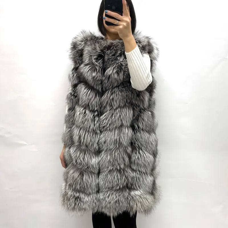 

Winter Warm Women's Silver Fox Fur Vest Real Fox Fur Plus Size Geometric Pattern 100% Natural Fur Long Vest Customizable Coat