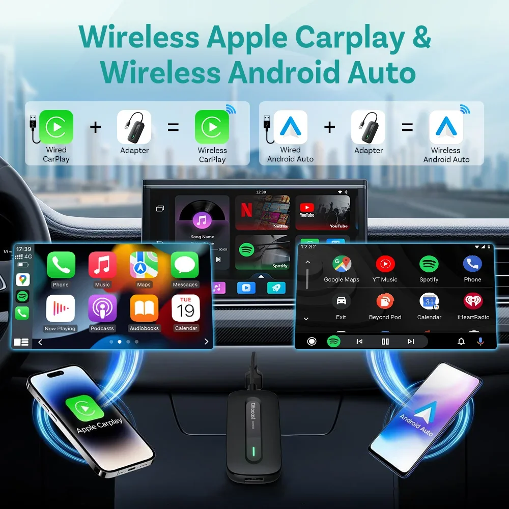 Ottocast Play2Video Pro Ai Box Wireless CarPlay Android Auto Adapter Built in Youtube Netflix 5GHz WiFi Auto Connect No Delay