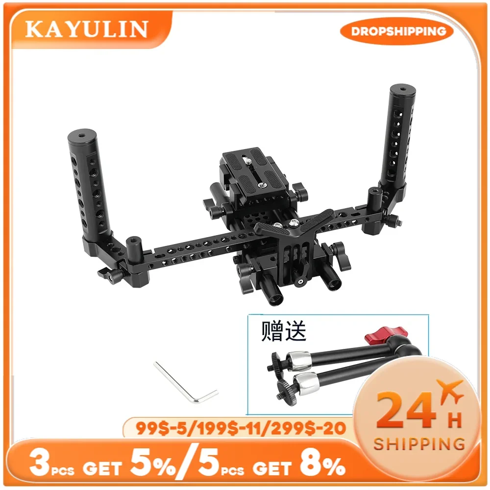 Kayulin Open-ended Camera Cage Kit With Manfrotto QR Plate & 15mm LWS Rod System & Cheese Grips & Lens Support Live Broadcasting