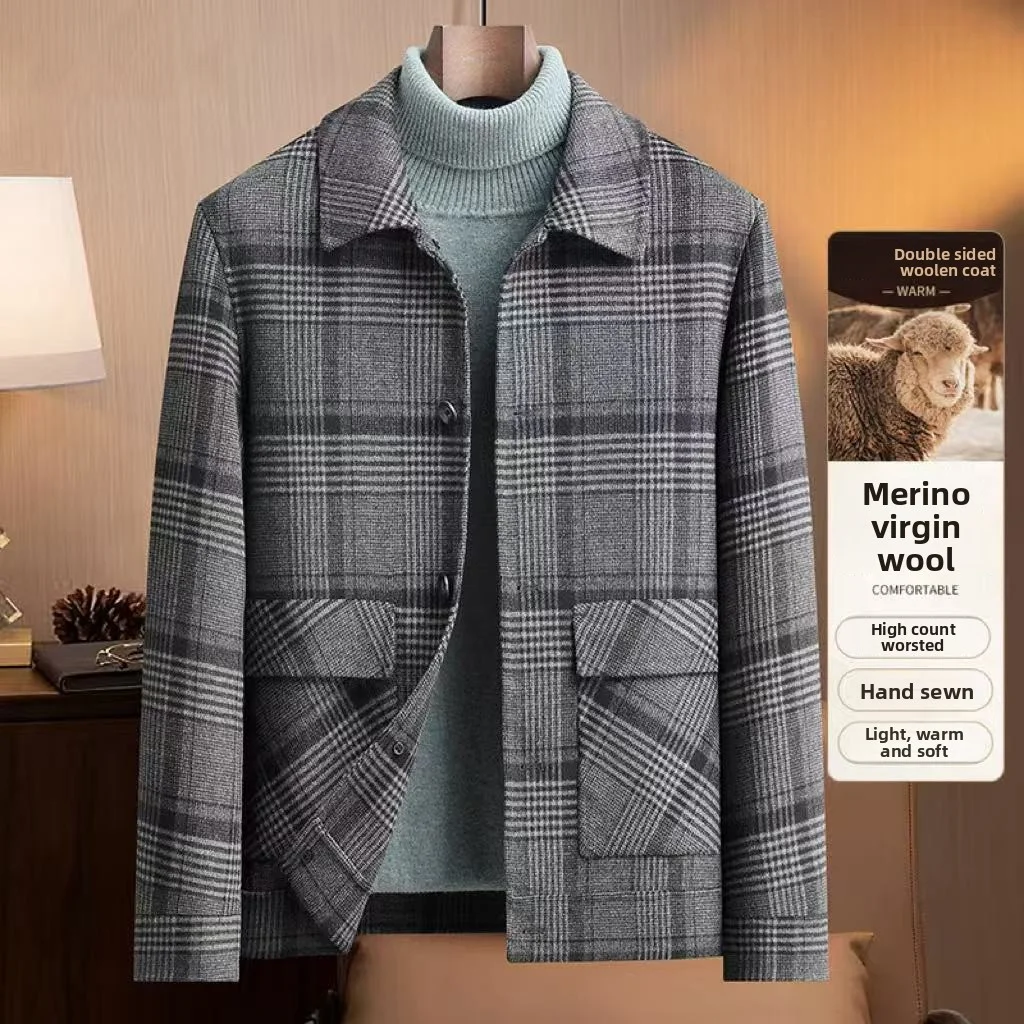 

2025 Autumn/Winter New Men's Checkered Double sided Woolen Coat with 60% Wool Content, High quality Fabric Thickened for Warmth