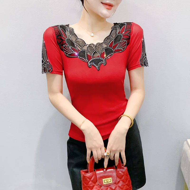 

2025,New,Summer,European,Clothes,T-Shirt,Chic,Sexy,V-Neck,Patchwork,Mesh,Shiny,Diamonds,Women,Tops,Short Sleeve,Slim,Tees,56008