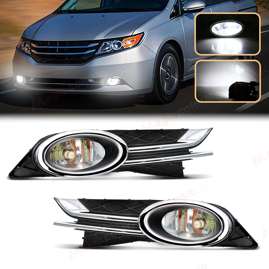 Car Front Bumper Fog Lamp For Honda Odyssey 2014 2015 2016 2017 Headlight Halogen LED White Blubs Chrome Cover Wire Switch 12V