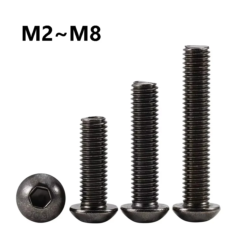 2~20Pcs Black Nickel 10.9 Grade Alloy Steel Round Head Hex Socket Screw Bolts M2 M2.5 M3 M4 M5 M6 M8 Mechanical Furniture Screws