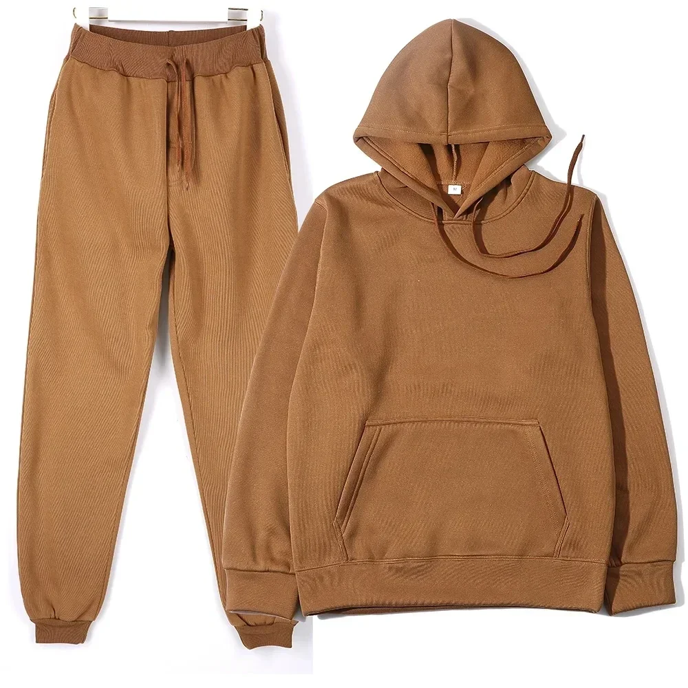 New Casual Loose Men Women Tracksuit Hoodies Solid Thick Pullover + Long Pants 2PCS Sets Men Autumn Fleece Sports Running Sets