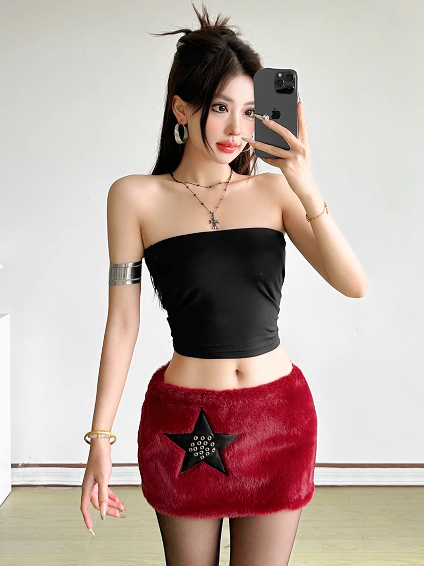 

Sisjuly Trendy Antiemo Rivet Patched Furry Slim Fit Half Skirt Women's Autumn High Waist A-Line Skirt Polyester Micro Elastic