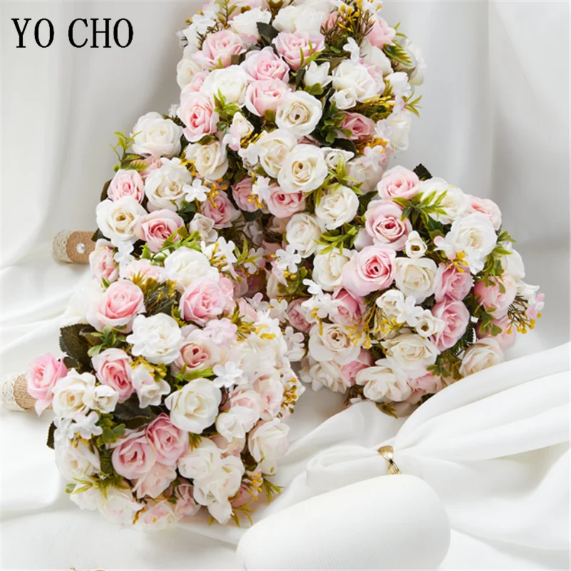 Bride Wedding Bouquet Bridesmaid Holding Flors Pink Roses Artificial Flower White Bridal Bouquet Wedding Decoration Accessories