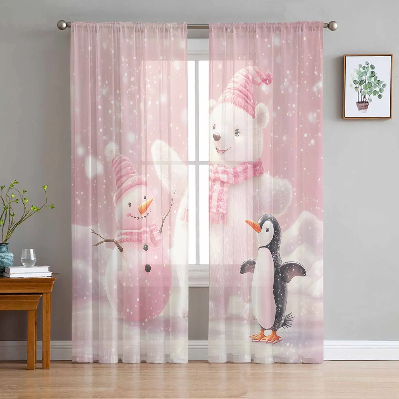 Pink White Bear And Penguin Snowman  Sheer Curtains for Living Room Bedroom Home Hotel Decor Chiffon Tulle Curtains