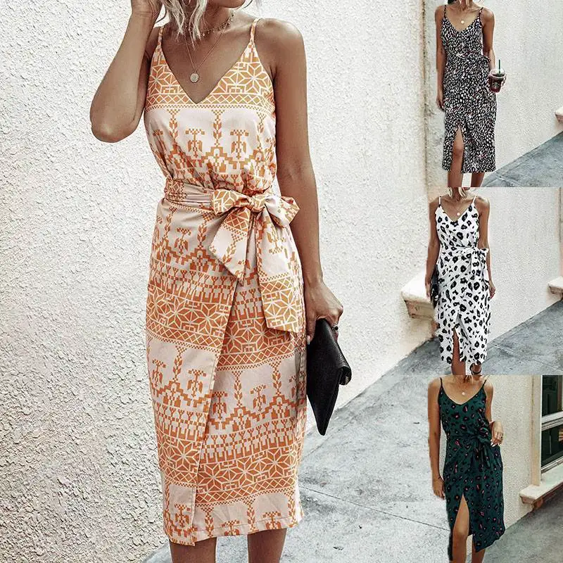 

Сексуальное платье средней длины с принтом V-Ne с высоким разрезом и асимметричным ремешком Dr, трансграничное модное женское платье больших размеров