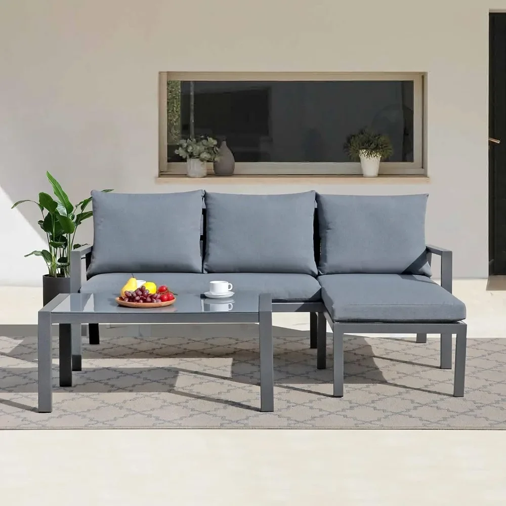 

Outdoor Patio Furniture Set with Chaise Lounge, Aluminum Sofa Set, Space Saving L-shaped Sectional Chair, Glass Coffee Table