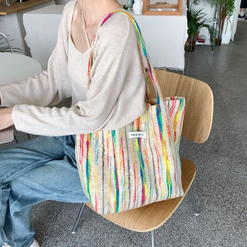 Rainbow Striped Shoulder Bag Women's Small Shoulder Shopping Bag Casual Tote Large Capacity Canvas Bag