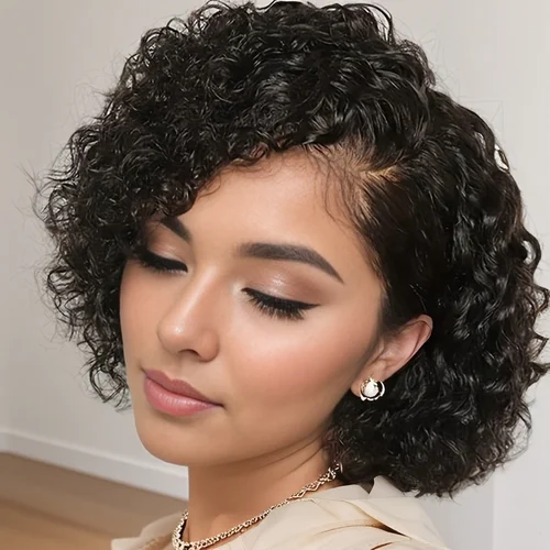 Imagen 2 del producto Pelucas delanteras de encaje 13x4, peluca de corte Pixie, peluca de cabello humano ondulado profundo, pelucas naturales rizadas cortas para mujer