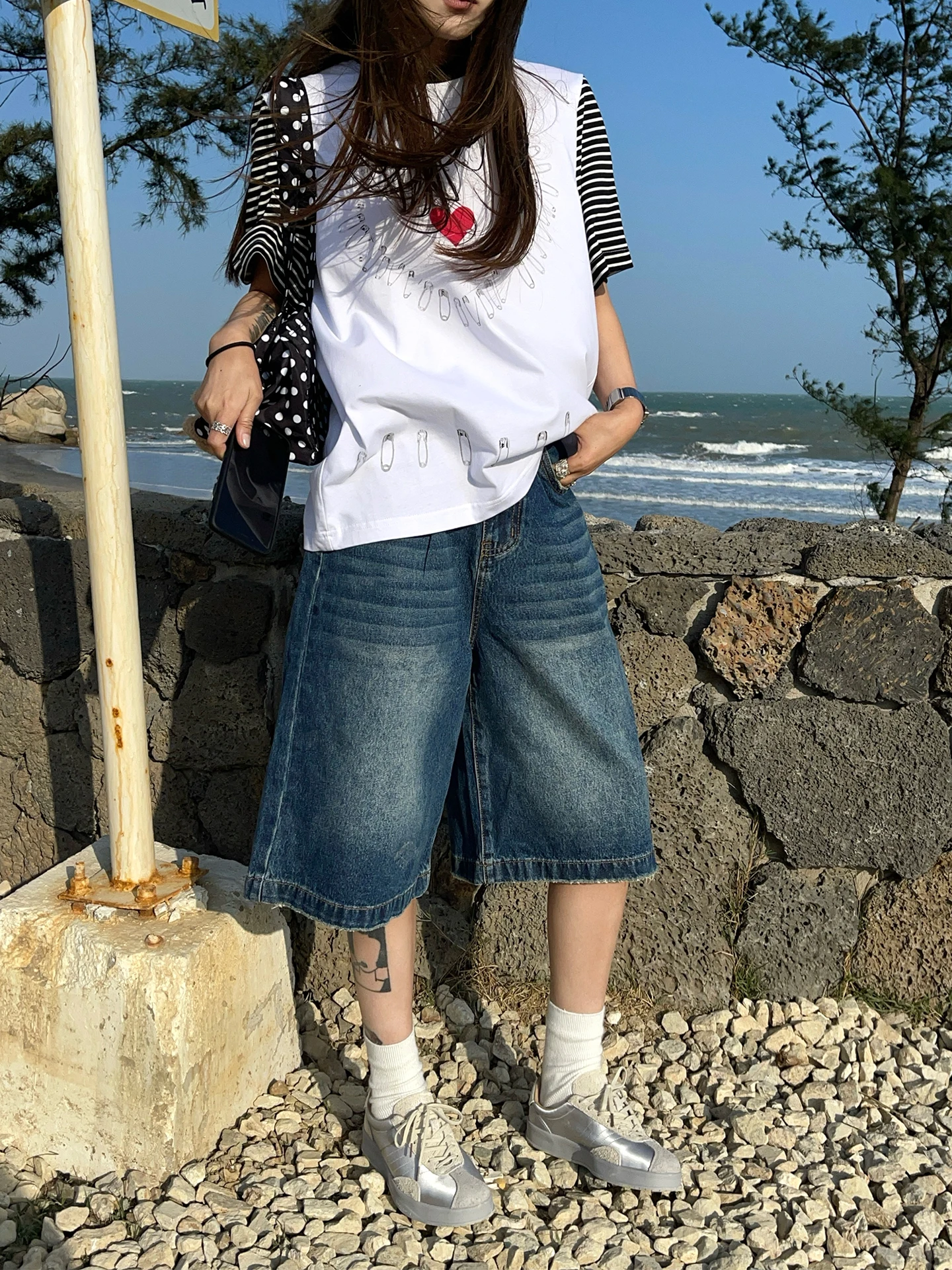 

Retro Blue Wide Leg Seven-Foot Denim Jeans Women's Spring Summer Vintage Loose Casual Versatile Mid-Length Jeans