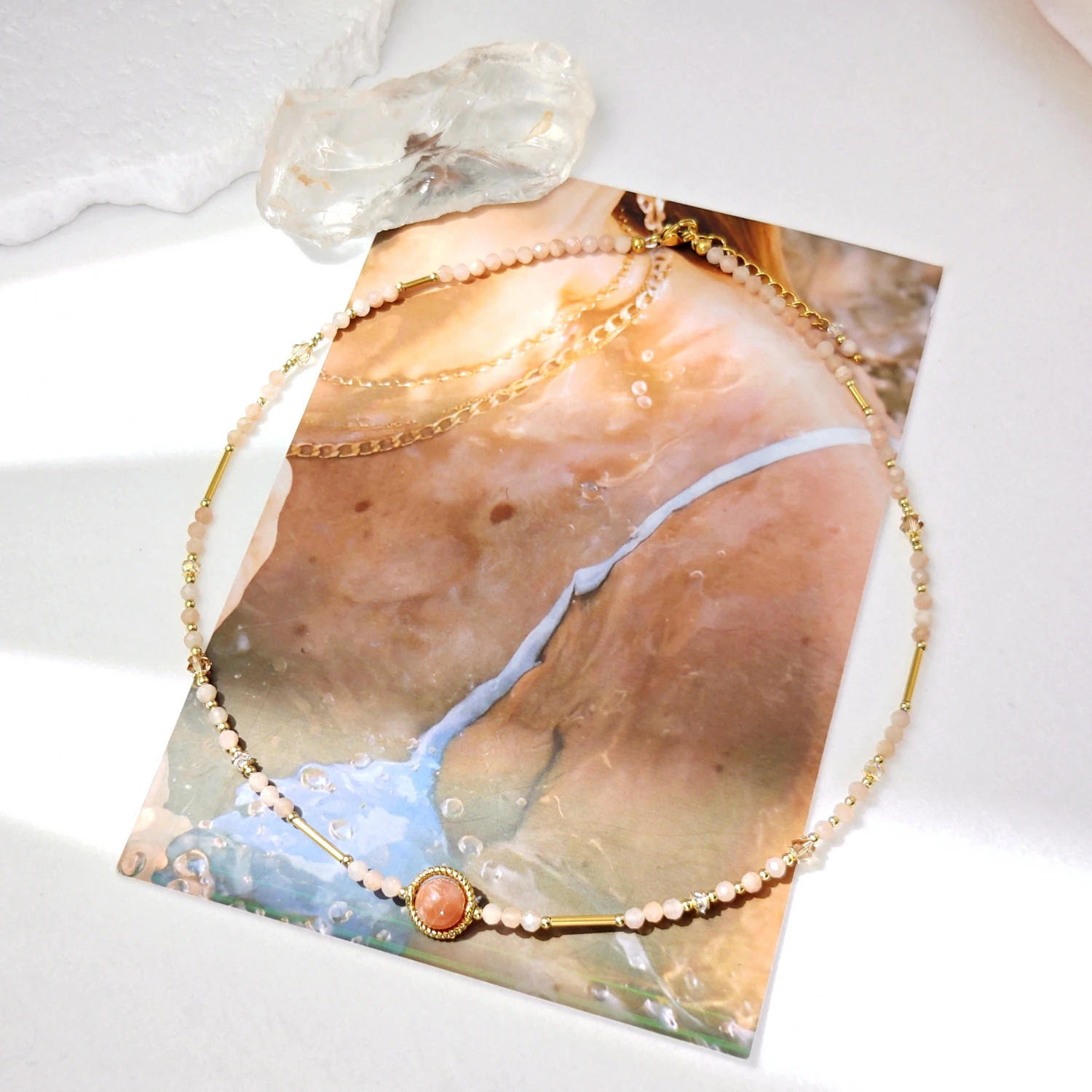 

Lii Ji 3mm Sunstone Natural Stone Necklace 40+3cm Gold Stainless Steel Handmade Jewelry