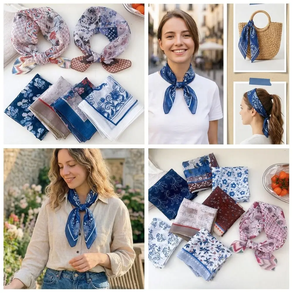 

Retro Cashew Small Square Scarf Flower Floral Printed Silk Scarf Blue White Headband Square Handkerchief Beach