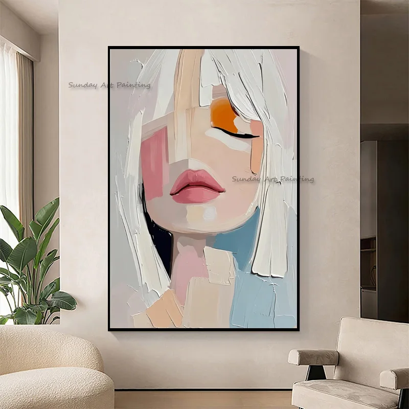 Handmade Special Beige Girls With White Hair Canvas Oil Pianting New Abstract Artwork Grey White Knife Thick Girls Wall Decor