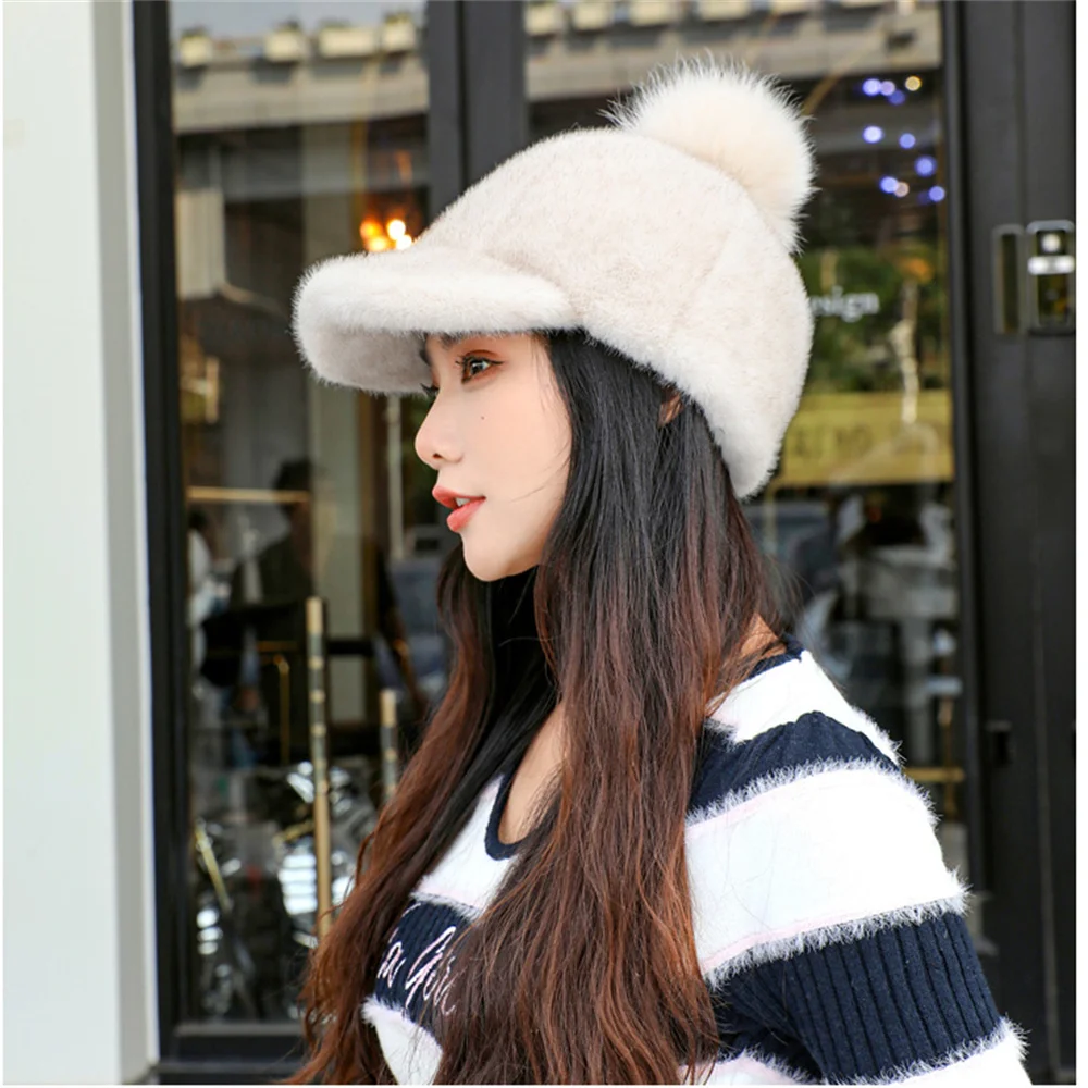 Y2K Fashion Mink Fur Hat Women\'s Winter Thick Warm Faux Mink Fur Cap Knight Hat Fur Duckbill Hat Baseball Cap Trendy Caps Womens