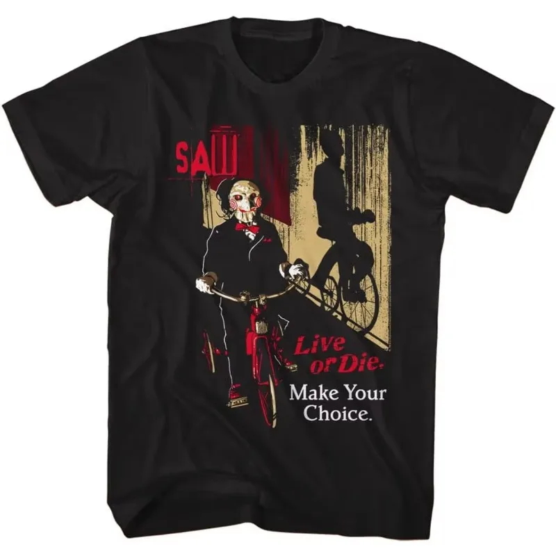 

SAW Jigsaw on Bicycle Men's T Shirt Live or Die Make Your Choice Horror Gore Halloween Gift Cotton Casual Fashion Streetwear