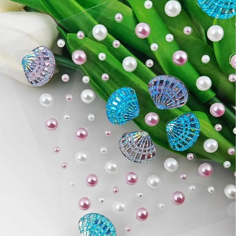 3D Dreamy Shell Pearl Face Stickers DIY Body Art Stage Makeup Tool 1 Sheet Sparkling Mermaid Rhinestone Temporary Tattoos view 5