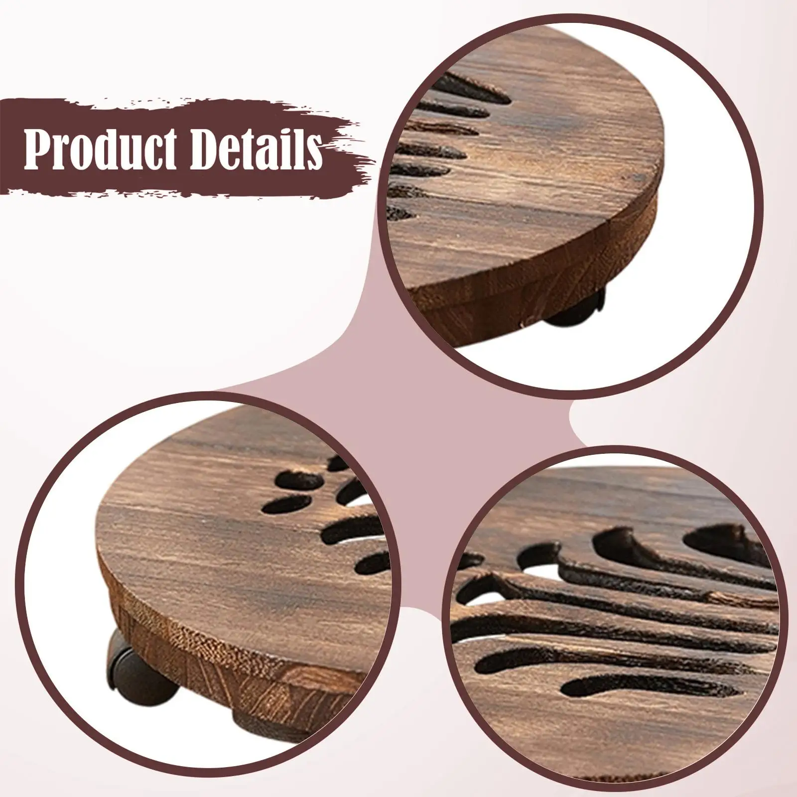Garden Wheeled Planter Saucer Tray Wooden Rolling Pot Stand for Potted Trees Living Room Indoor Outdoor Furniture