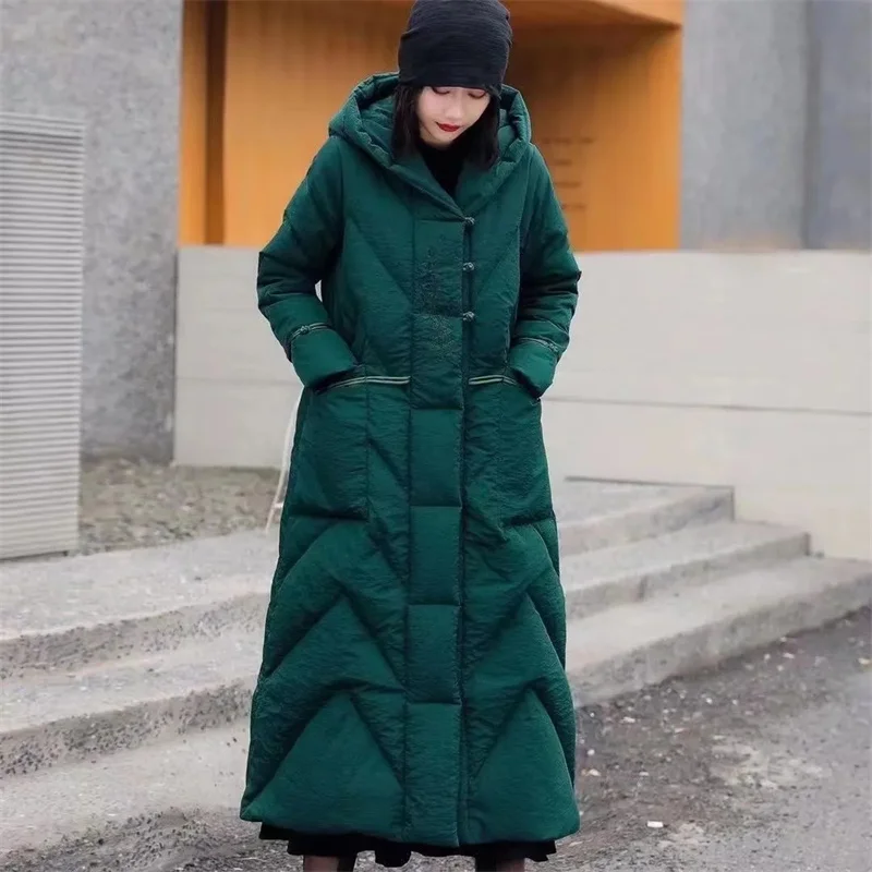 Winter Unten Baumwolle Gepolsterte Frauen Chinesischen Nationalen Stil Lange Outwear Verdickt Warme Mit Kapuze Parka Mantel Weibliche