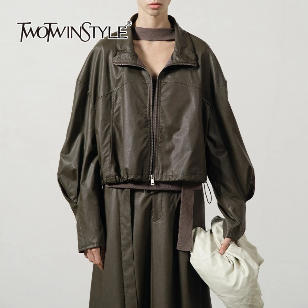 TWOTWINSTYLE الصلبة فضفاض تقسم سستة سترات كاجوال للنساء التلبيب كم طويل المرقعة الرباط سترة جلدية الإناث
