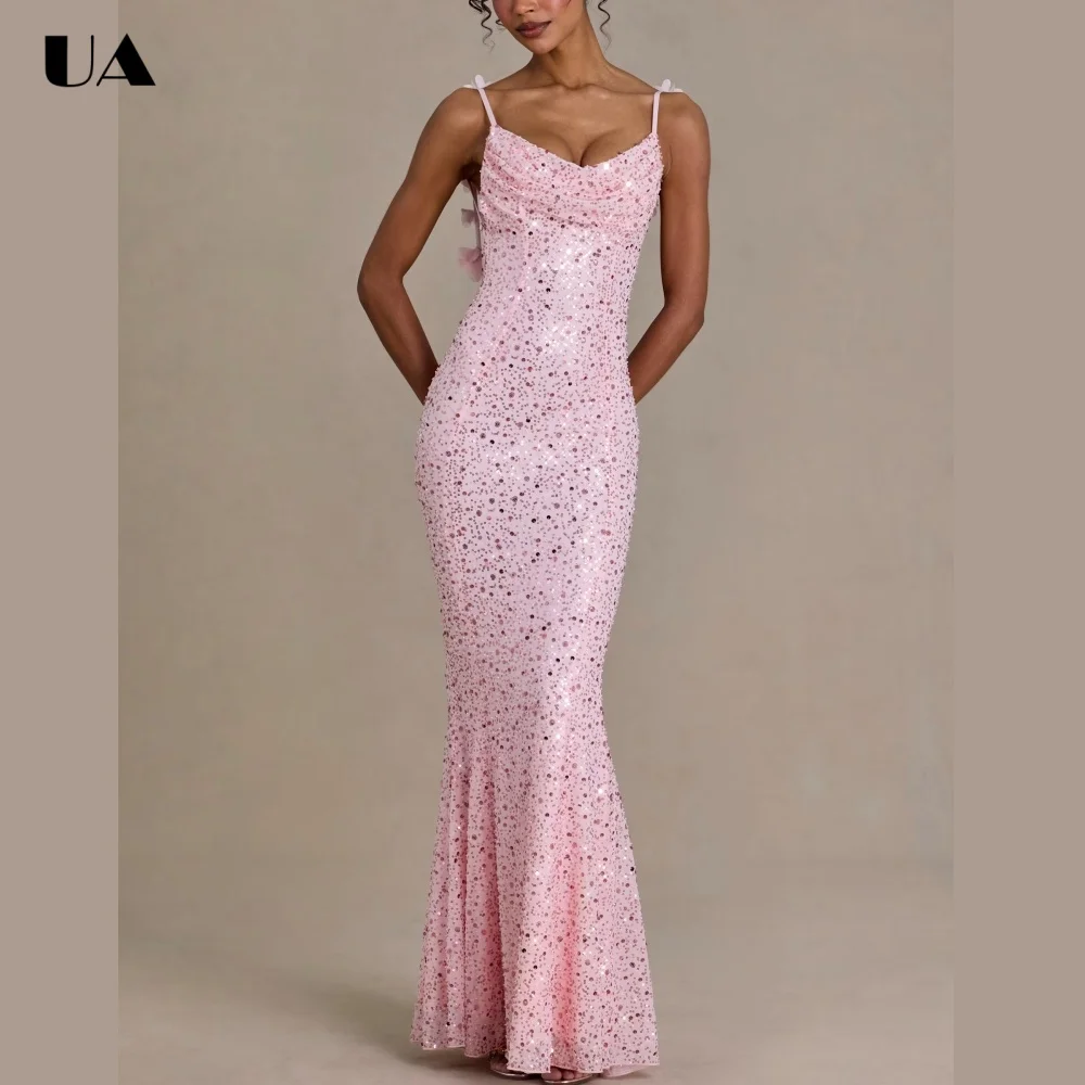 ULBYANRY Glamarous Backless Mermaid Evening Dress, Sparkly Sequined 3D Flower Prom Dress, Customized Spaghetti Strap Party Dress