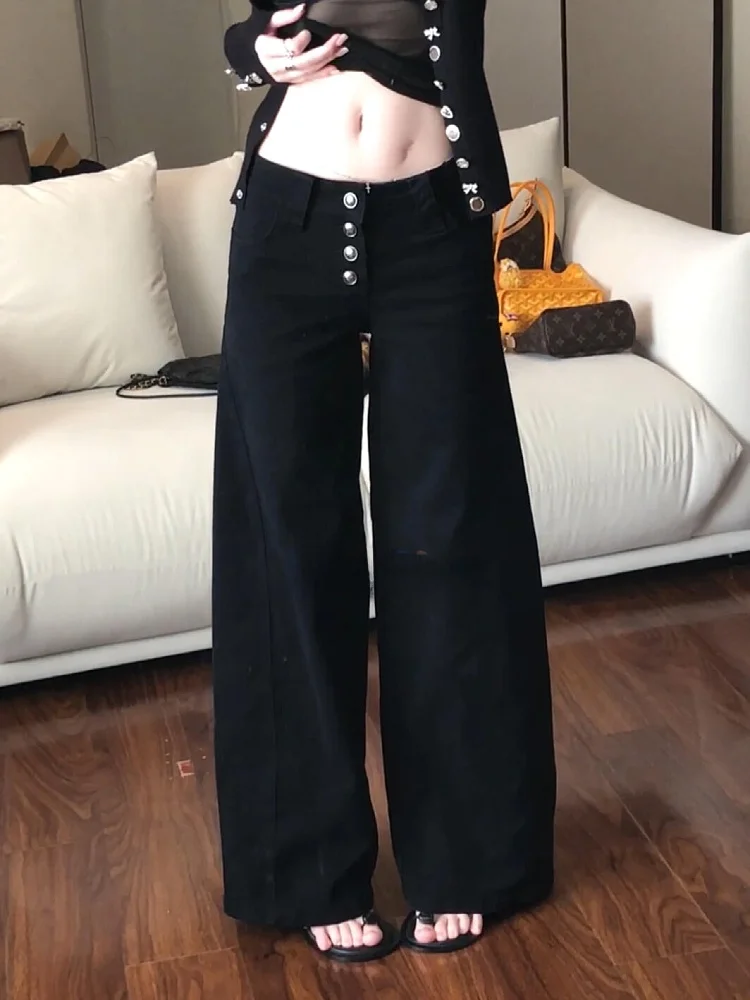 

Джинсы женские больших размеров в американском ретро-стиле, черные, с пуговицами, свободные, широкие, в пол, осенняя новинка