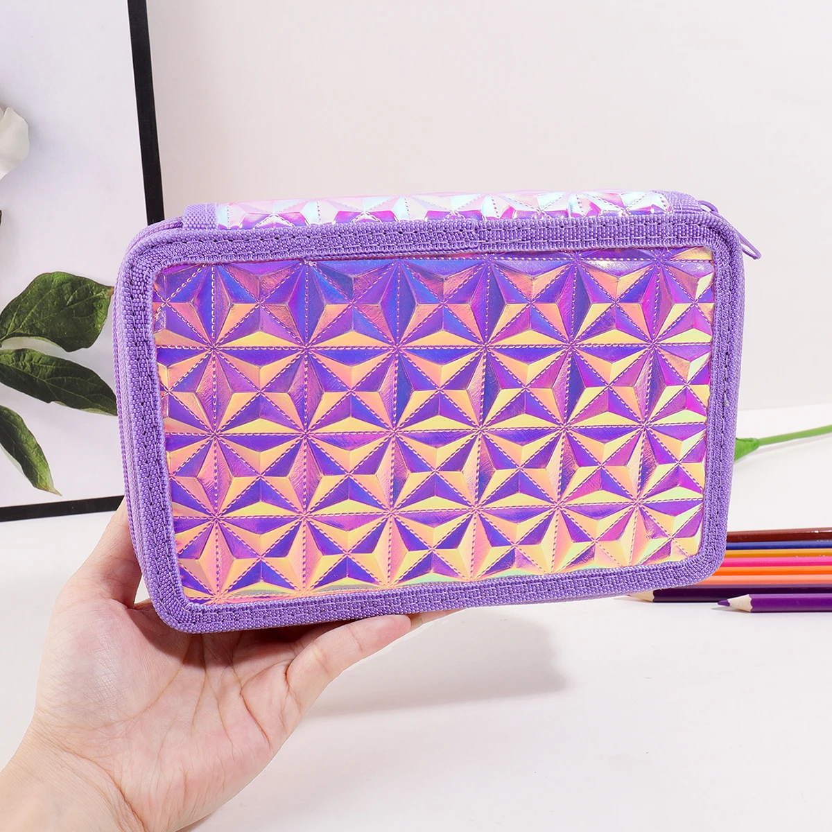 Y2K Purple Holographic Pencil Case, 2 Zipper Large Capacity Pencil Pouch for Girls Kids Back to School Supplies view 3