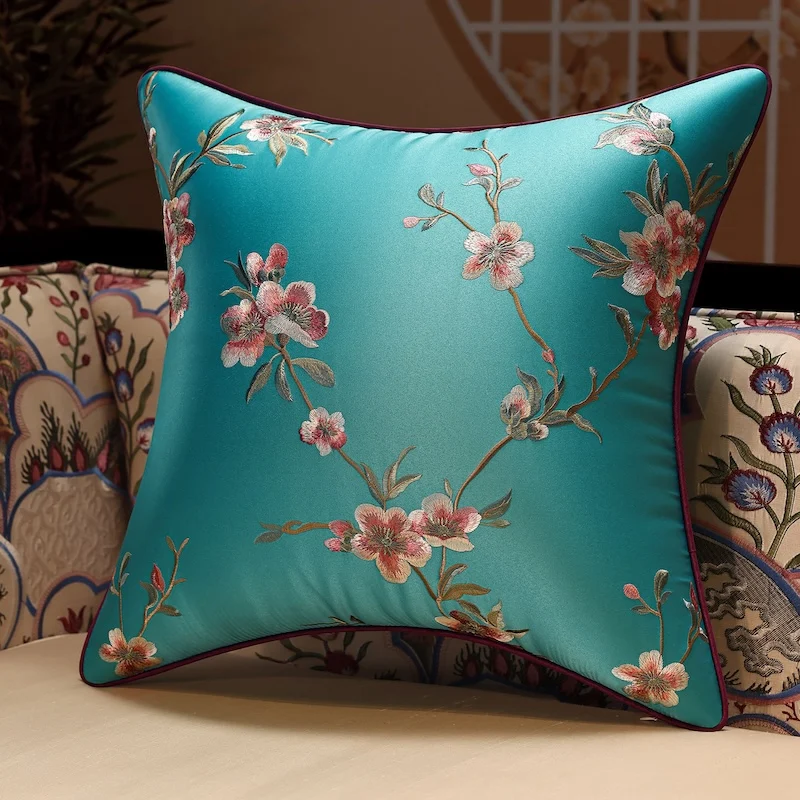 Flora Embroidery Pillows Luxury Satin Green Cushion Case Art Chinese Decorative Pillow Cover For Sofa Chair Home Decorations