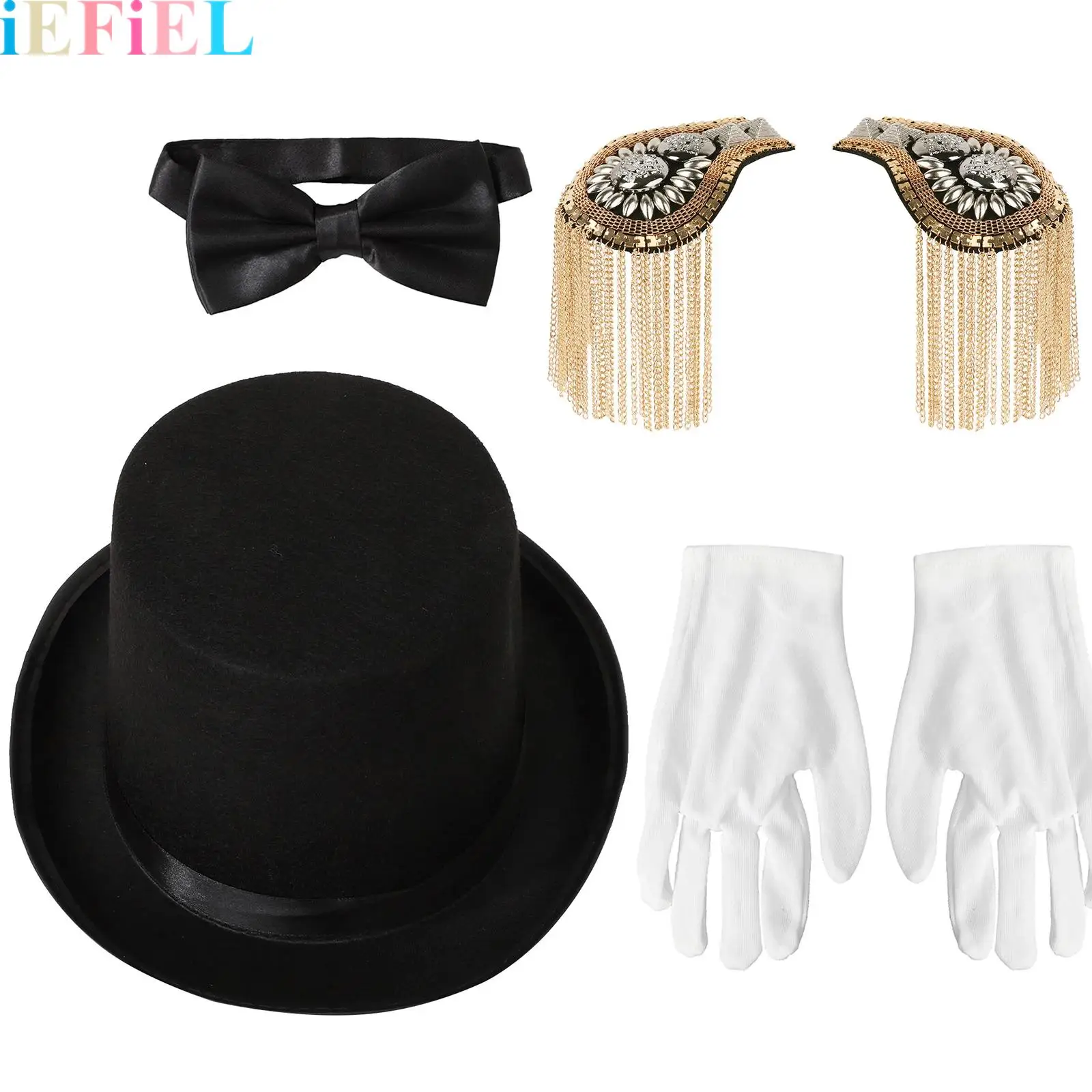 

Magician Cosplay Costume Accessories Halloween Circus Ringmaster Bowler Hat Gloves Satin Bow Tie Shoulder Boards Jazz Dancewear