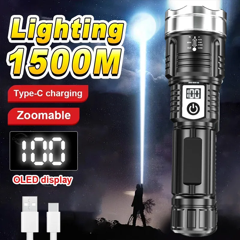 High Strong Power P50 Led Flashlights  Emergency Spotlights Telescopic Zoom Built-in Battery  Rechargeable Camping Riding Torch