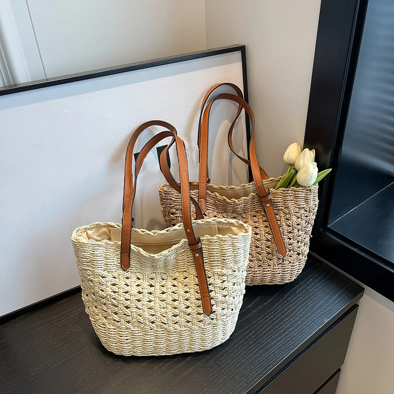 

Bohemian Straw Tote Bag with Brown Faux Leather Straps Inner Pouch Spacious Woven Shoulder Purse for Vacation Casual Outings