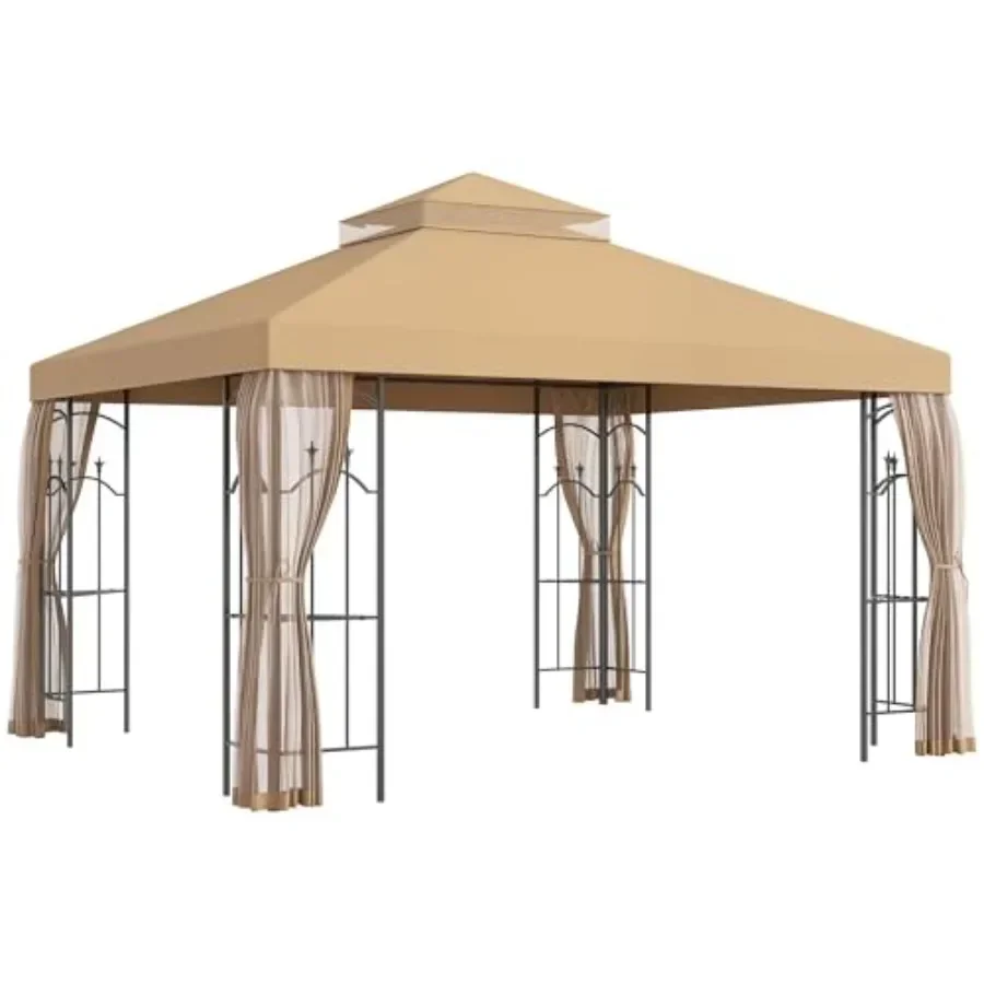Patio Gazebo with  Fe Shelves Double Roof Outdoor  Shelter with Netting in Beige for Wedding Catering Events and Patio Use