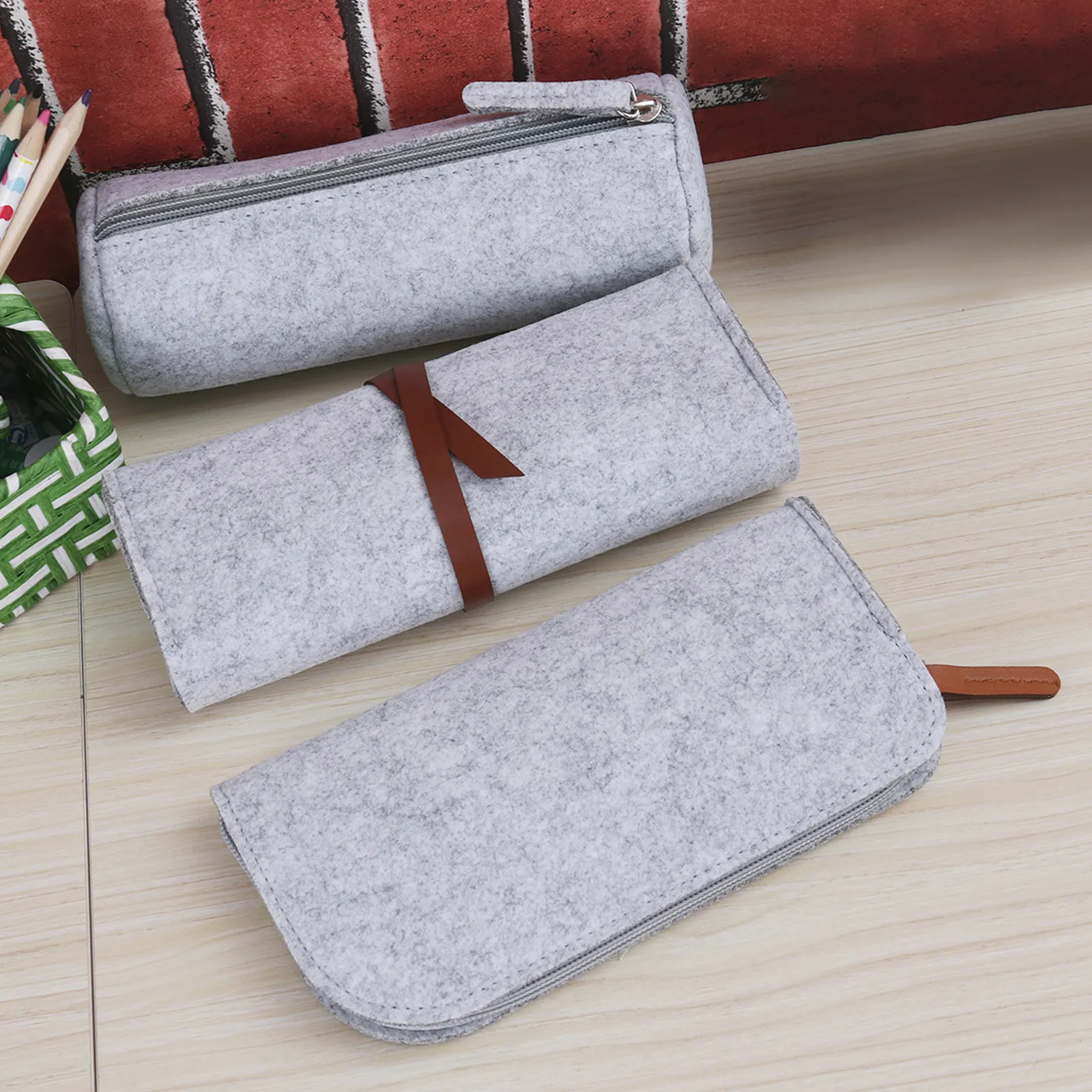 3Pcs Felt Pencil Case Set Stylish Zipper Stationery Organizer Multi-Functional Pouch Makeup Bag Light Grey