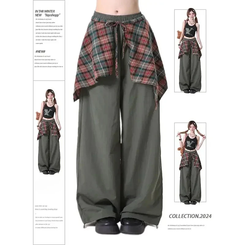 American Style Women's Casual Pants for Fall Vintage Plaid Skirt Hem Design with Layered Look for Dance Fashion sweatpants women