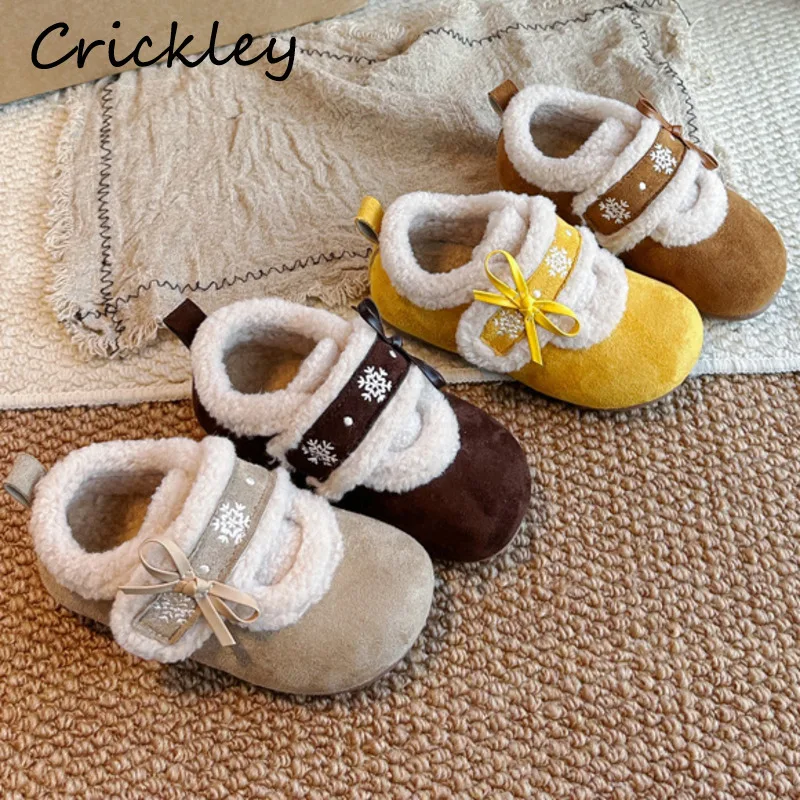 Snowflake Embroidery Children Flats Shoes Bow Solid PU Girls Winter Shoes Plush Warm Hook Loop Soft Kids Princess Shoes