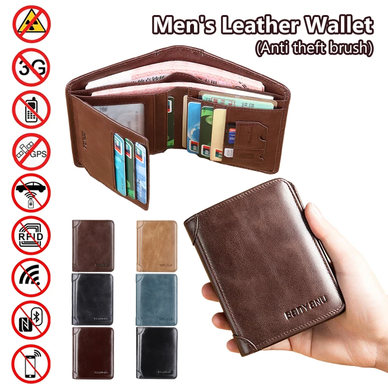 

Men's Genuine Leather Trifold Wallet Folded ID Window RFID Signal Blocking Vintage ID Credit Card Hold Money Bag Coin Purse Gift