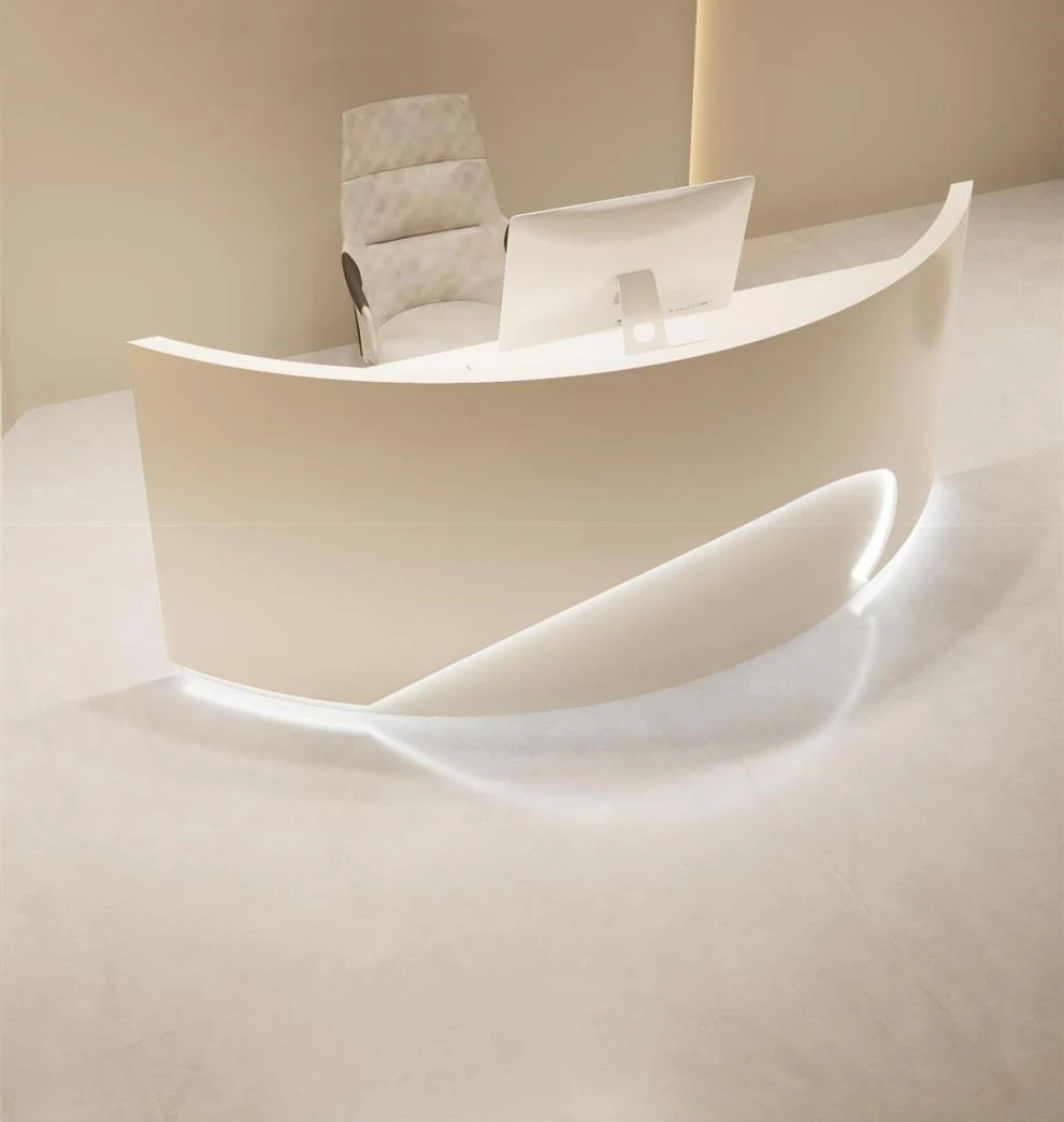 

Factory Wholesale Modern 2024 Style Curved Circular Design with Colored Lights Multi-person Storage Front Desk Beautiful Salon