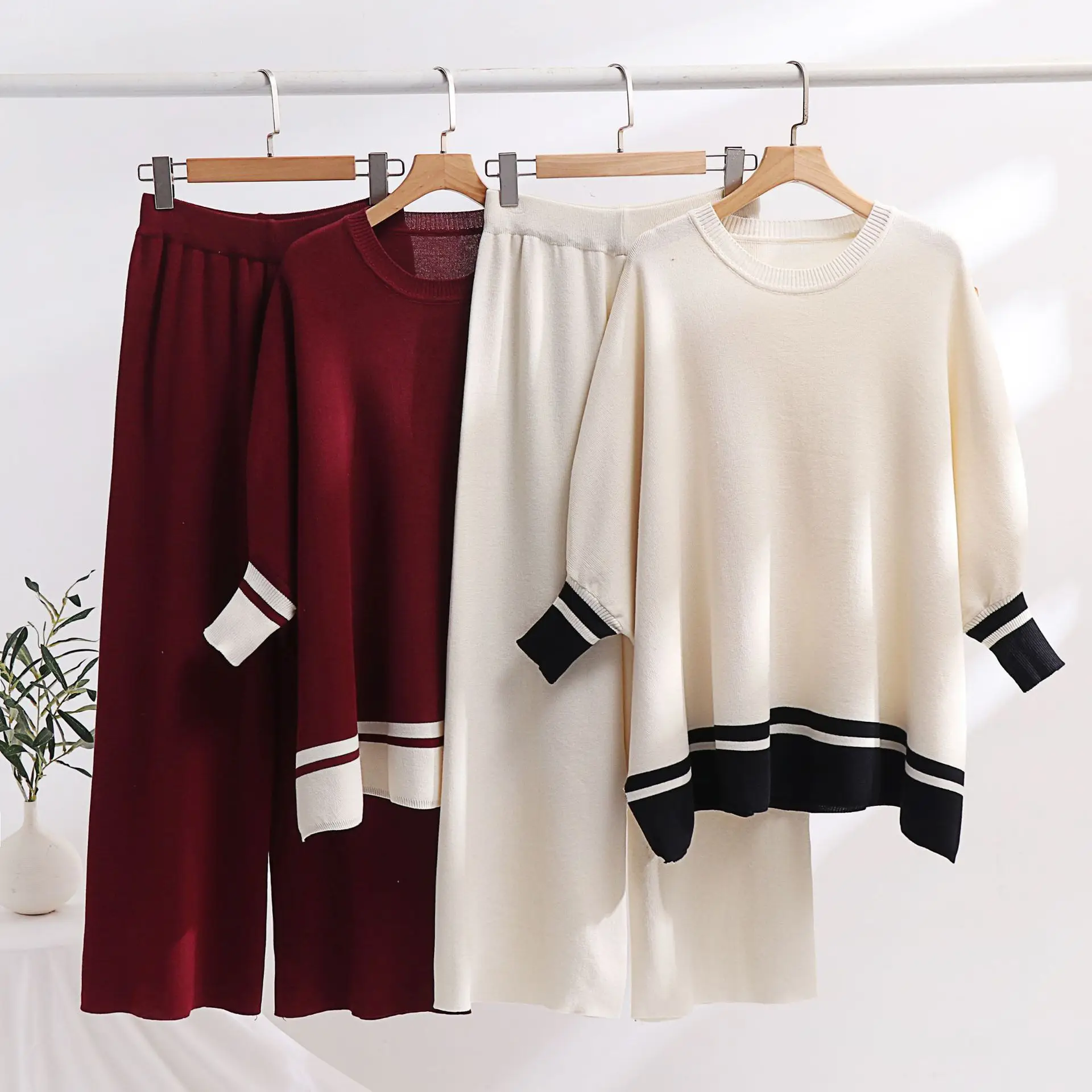 Women Two Piece Set Knit Sweater Full Sleeve Round Neck Sweaters Loose Solid Splice Wide Leg Pants Elastic Waist Casual