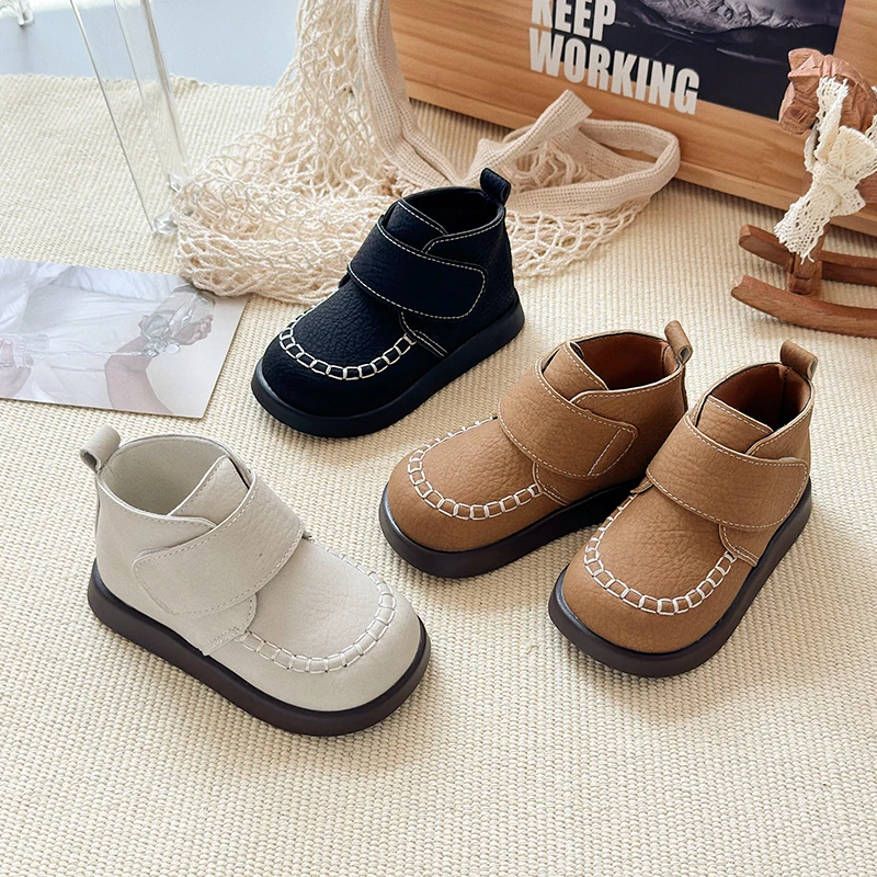 Autumn Boys Girl's Boots Chunky Hook-loop Retro Kid's Flat Shoe Solid Colors Anti-slip Daily Fashion Versatile Children Shoes