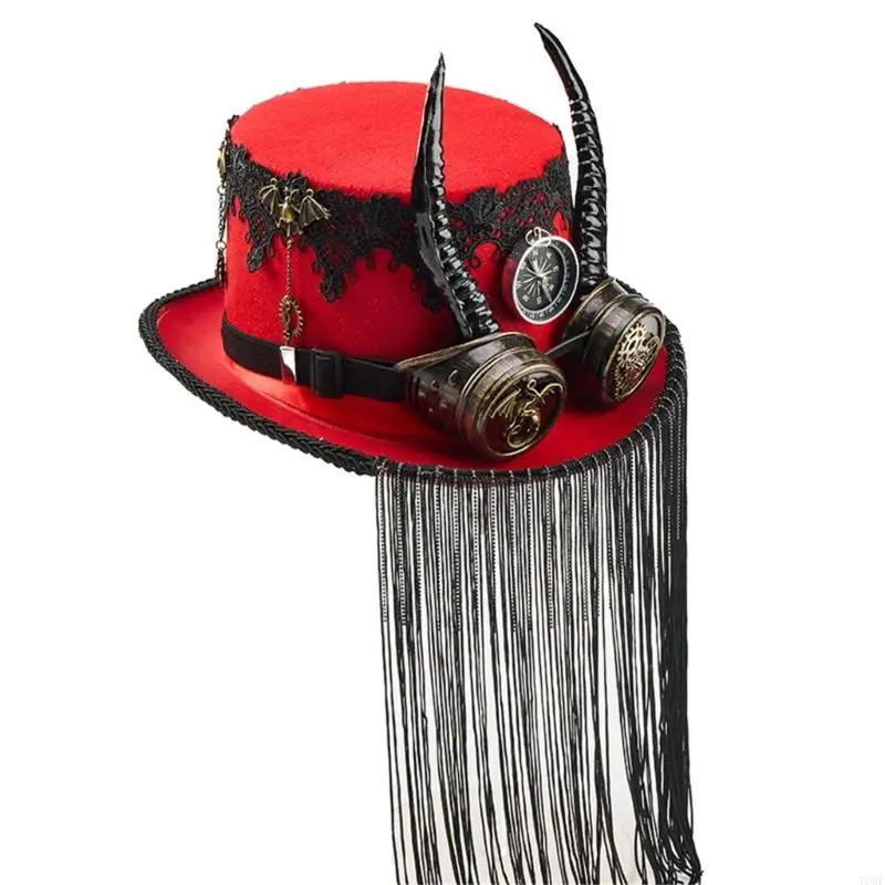 Steampunks Goggle Mit Fransen Dekoration Ziege Horn Kappe Top Cap Kopfbedeckung Für Cosplay Outdoor Event Y08E – Detail 8
