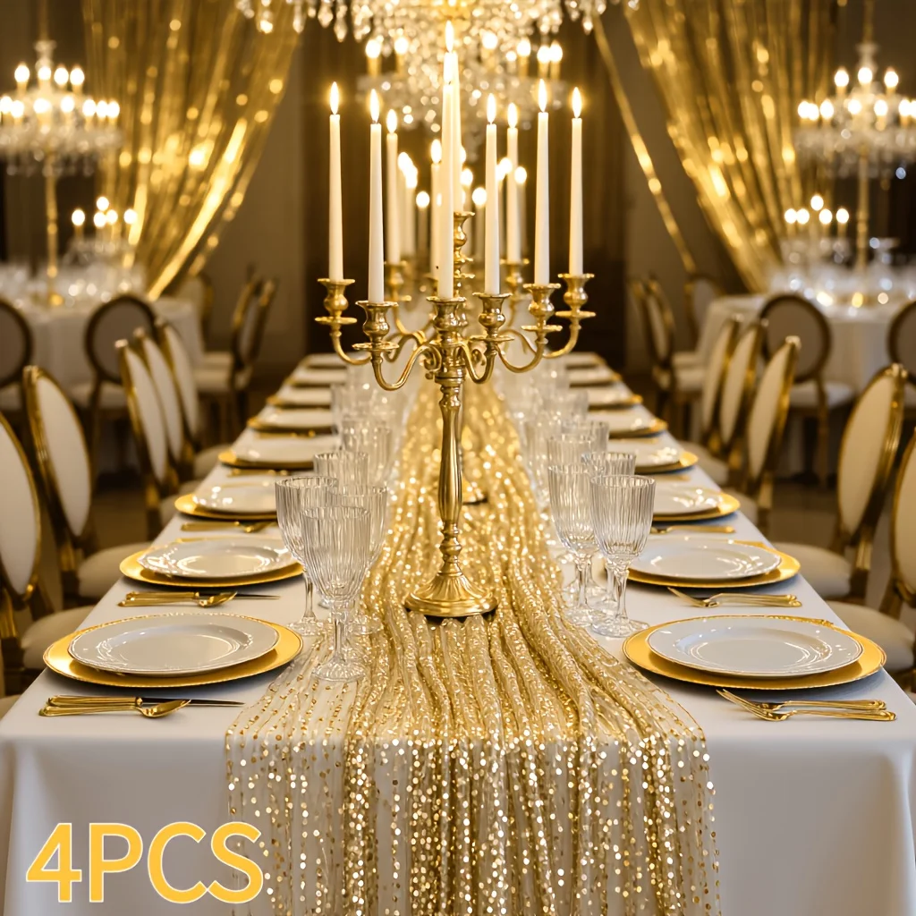 

4pcs Sparkling Sequin Tablecloths | Elegant Polyester Table Runners, Perfect for Weddings, Birthdays, Bachelor Parties, and Hote
