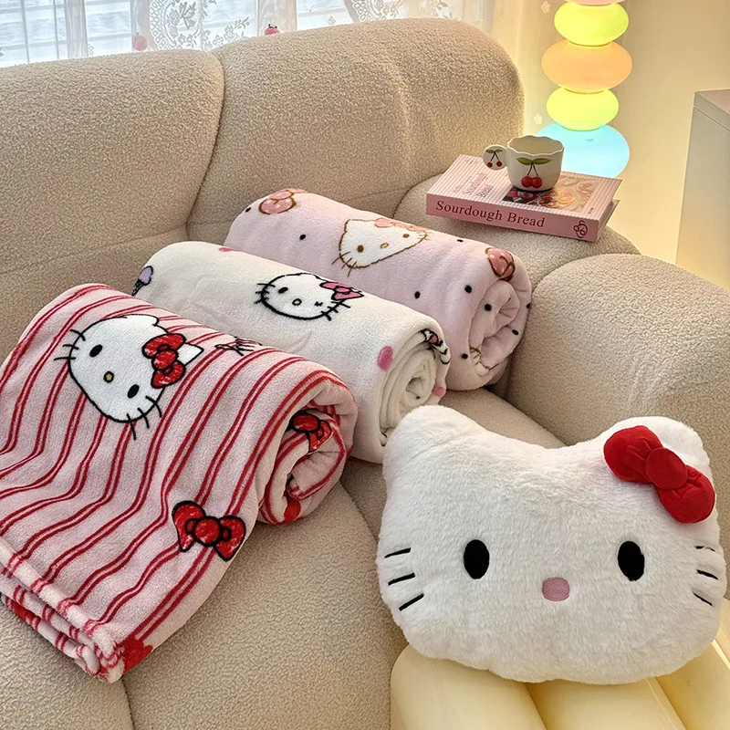 

Одеяло Kawaii Sanrio HelloKitty, детское двухстороннее бархатное однослойное одеяло с принтом из мультфильма для девочек, тонкое одеяло для обеда