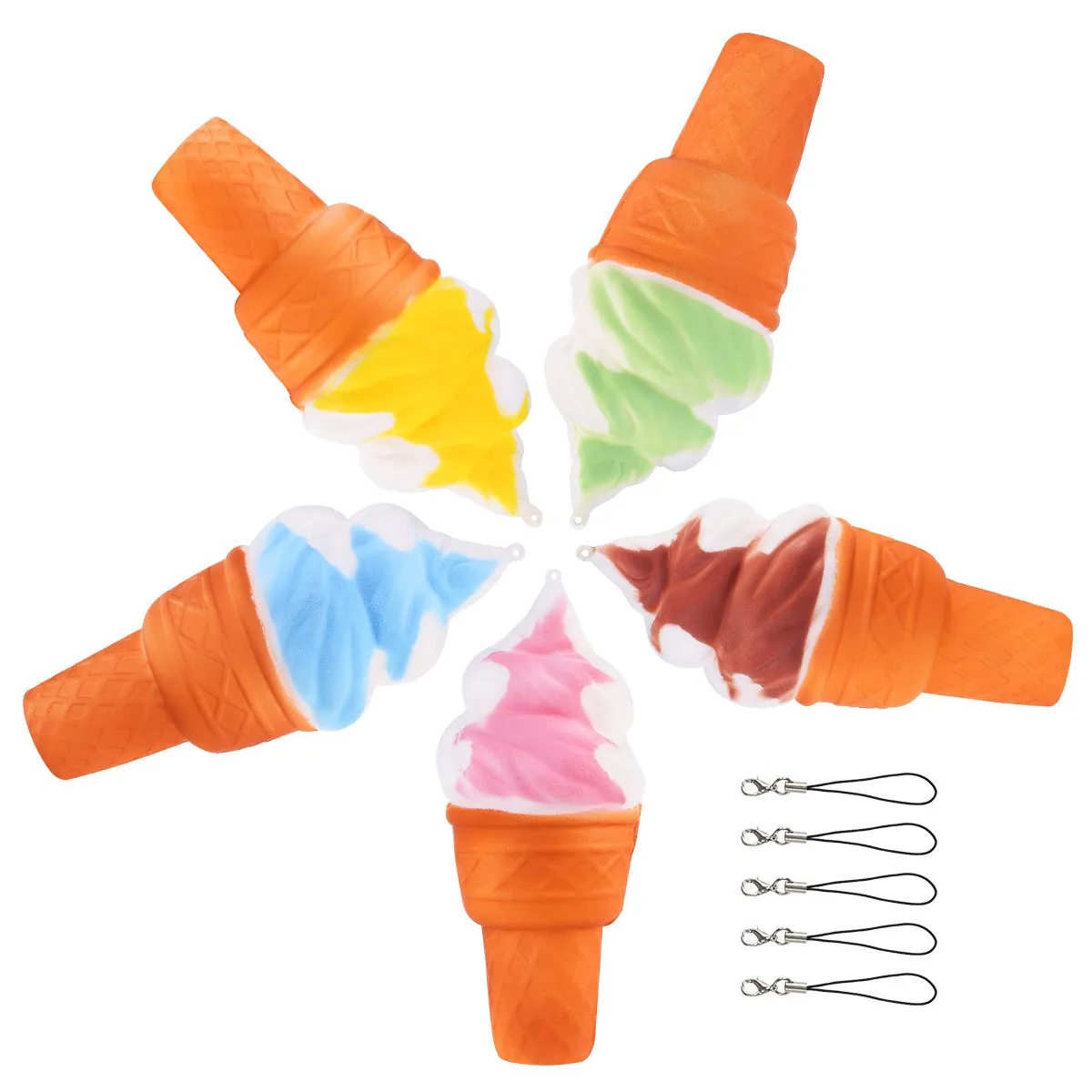 5Pcs Realistic Ice Cream Squeeze Charm Key Chain Elastic PU Stress Reliever Phone Pendant Strap Green Pink Yellow