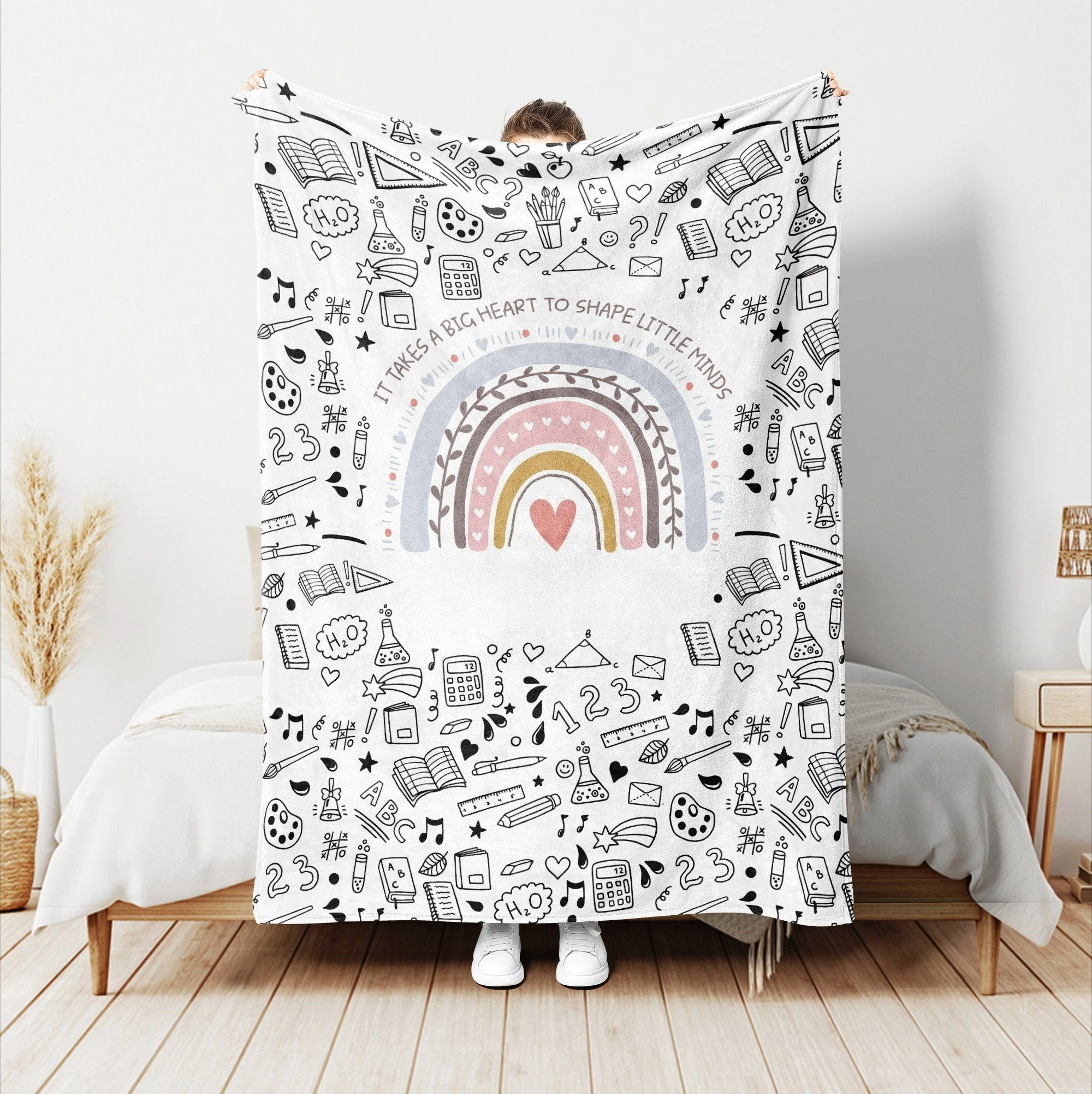 Flannel Blanket, Skin-friendly Bed Sheet, Gift Blanket, Bohemian Rainbow Graffiti Preppy Style, Minimalist Line Drawing Style
